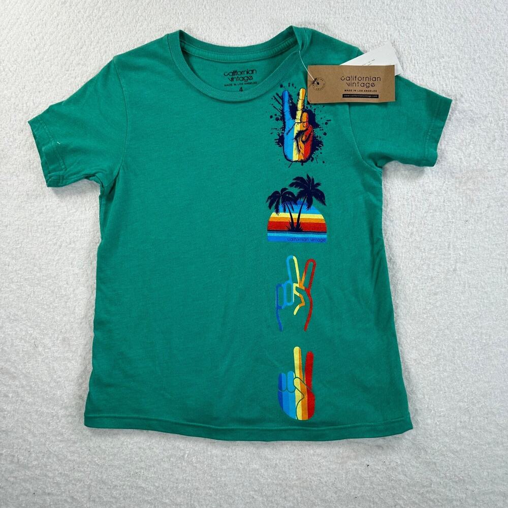 Californian Vintage T-Shirt Kids Size 4 Green Peace Tropical Short Sleeve New